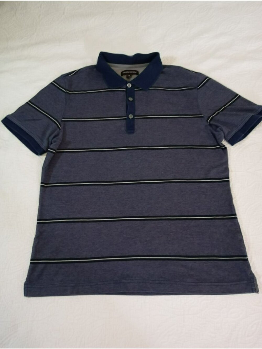 Banana Republic Mens Striped Polo Shirt M 100% Cotton Navy & Gray Short Sleeve